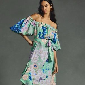 Anthropologie Floral Off-Shoulder Midi Dress - Green and Blue